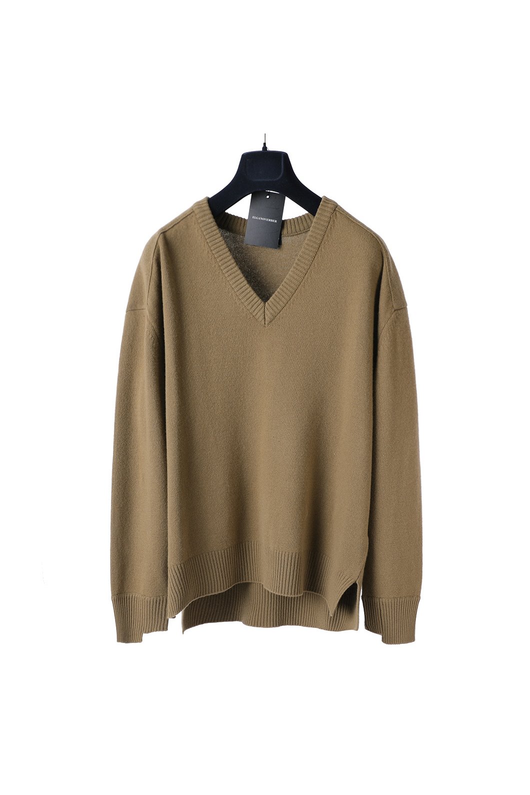 Wool 100% Unbalanced Cuff Over Vneck Sweater- Camel