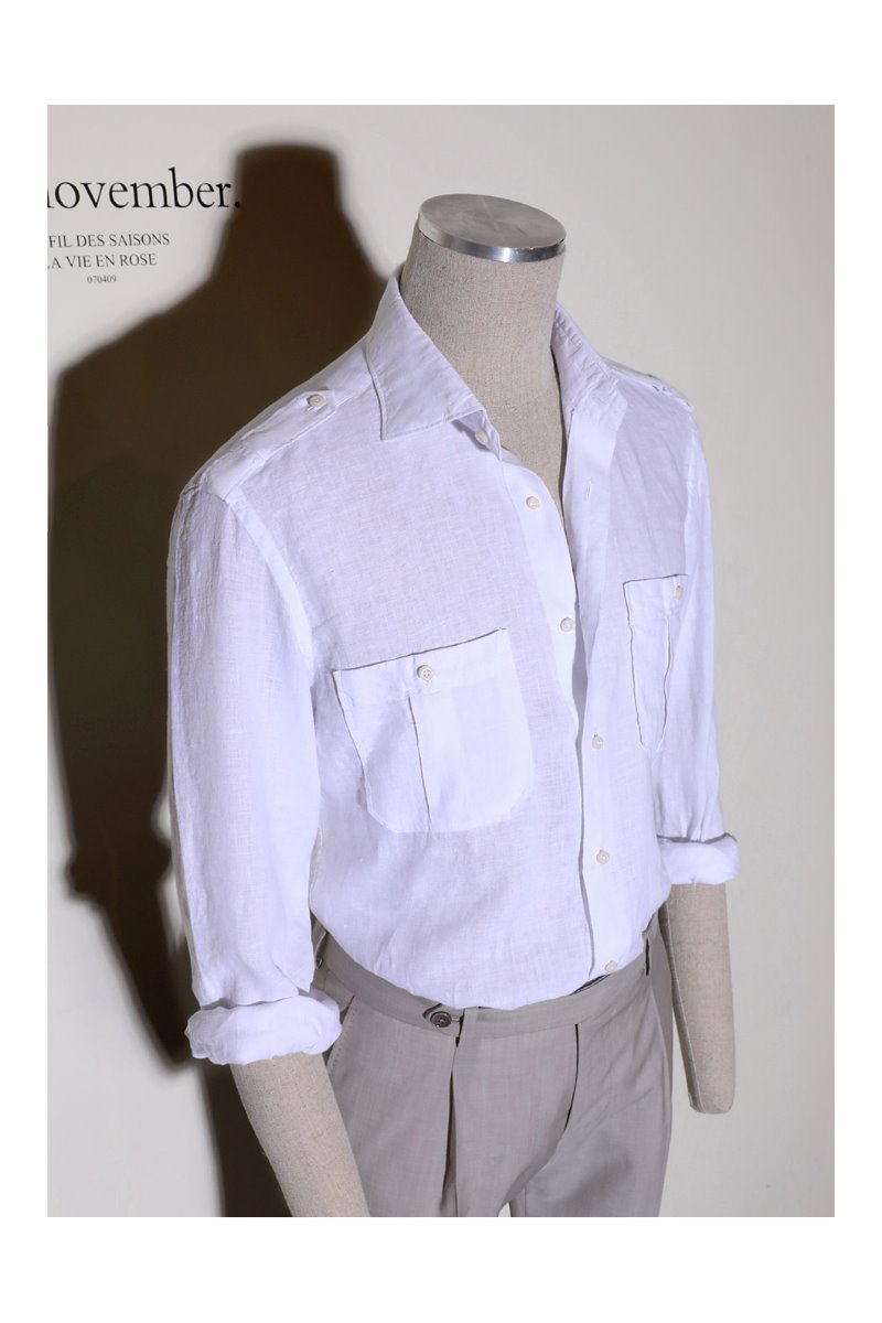 Take436 French linen epaulette shirt/white