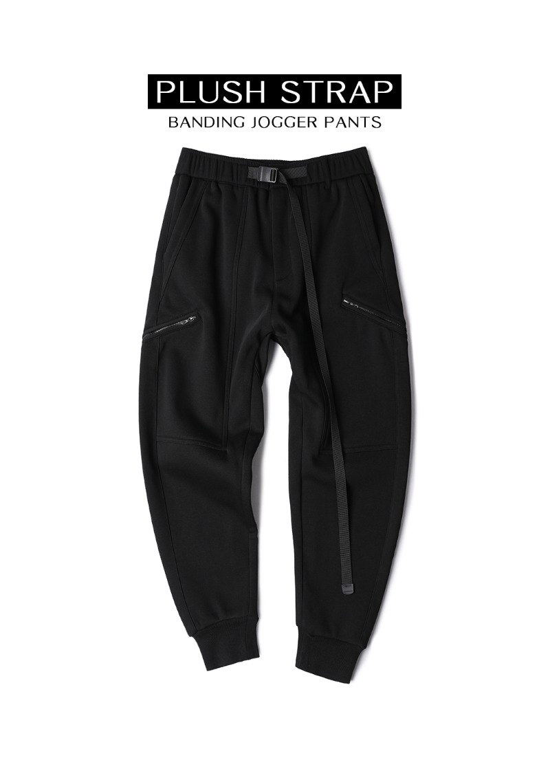 Plush Strap Banding Jogger Pants-Black