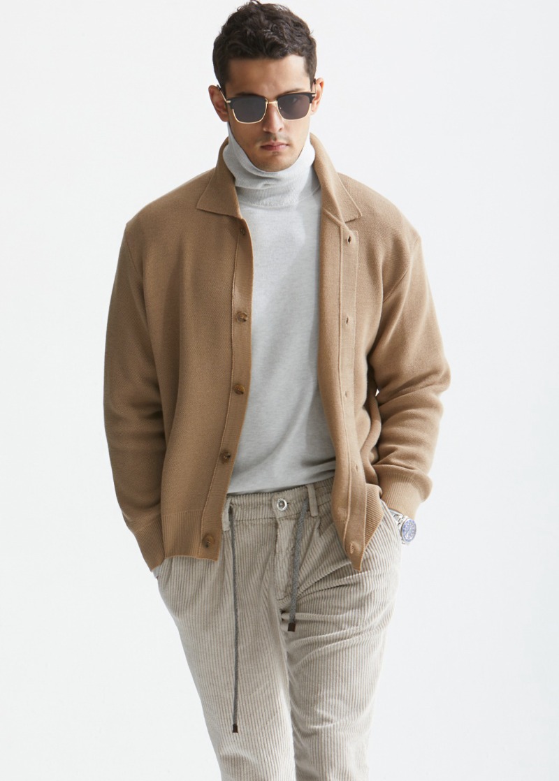 Wool &amp; Silk Premium Collar Cardigan-Beige