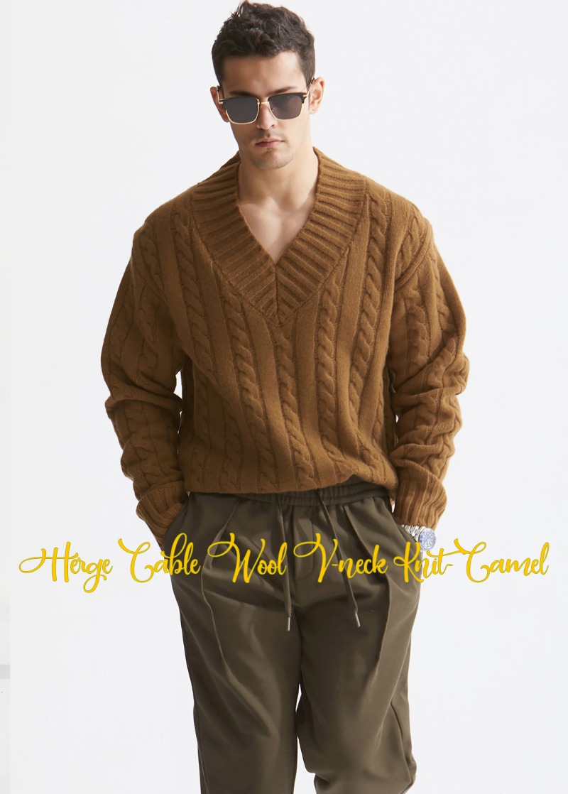 Herge Cable Wool V-neck Knit-Camel