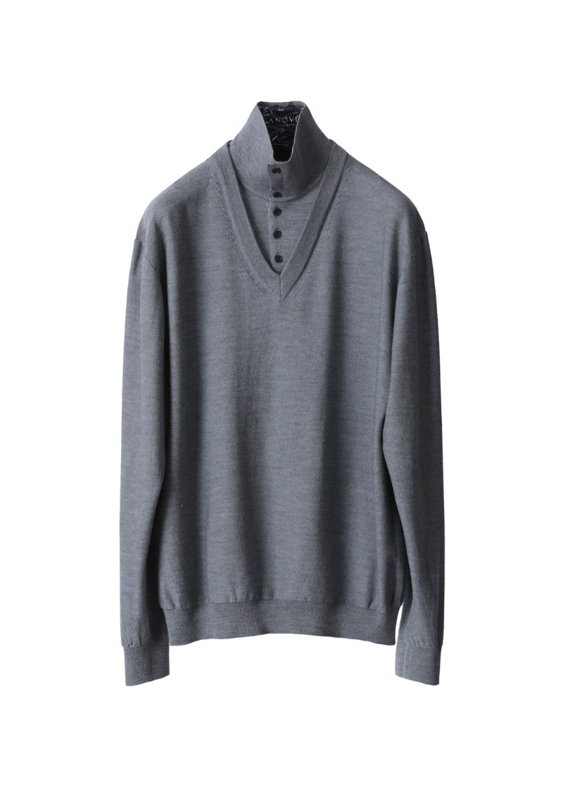 Wool &amp; Silk Layered Button Poloneck Knit-Gray