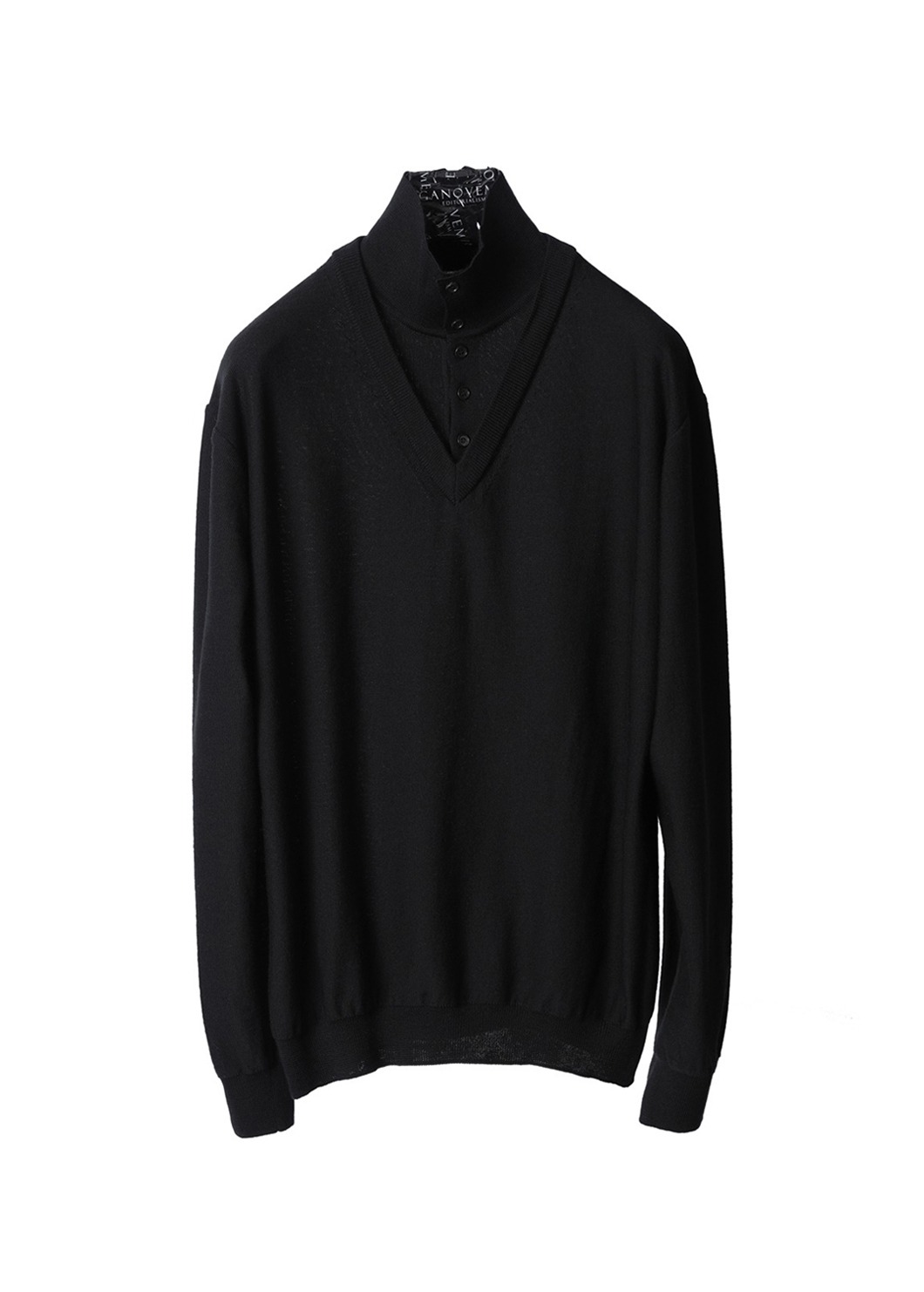 Wool &amp; Silk Layered Button Poloneck Knit-Black