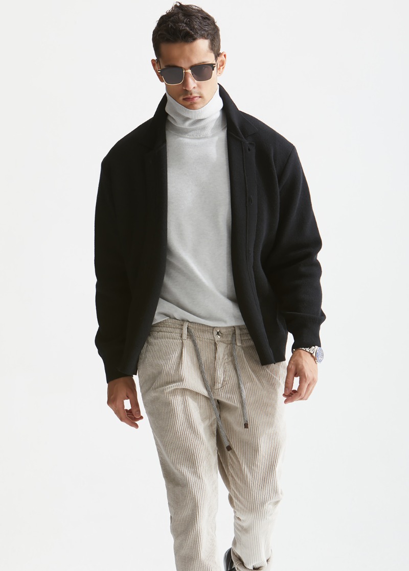 Wool &amp; Silk Premium Collar Cardigan-Black