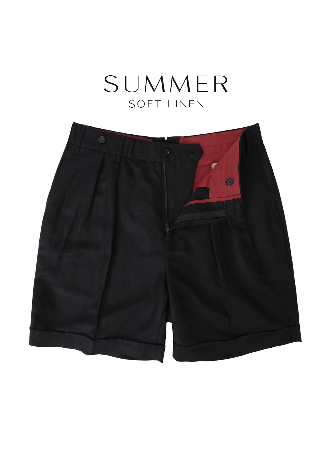 HERIGA Summer Linen Belted  Half Pants-Black