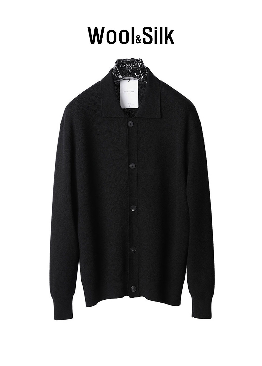 Wool &amp; Silk Premium Collar Cardigan-Black