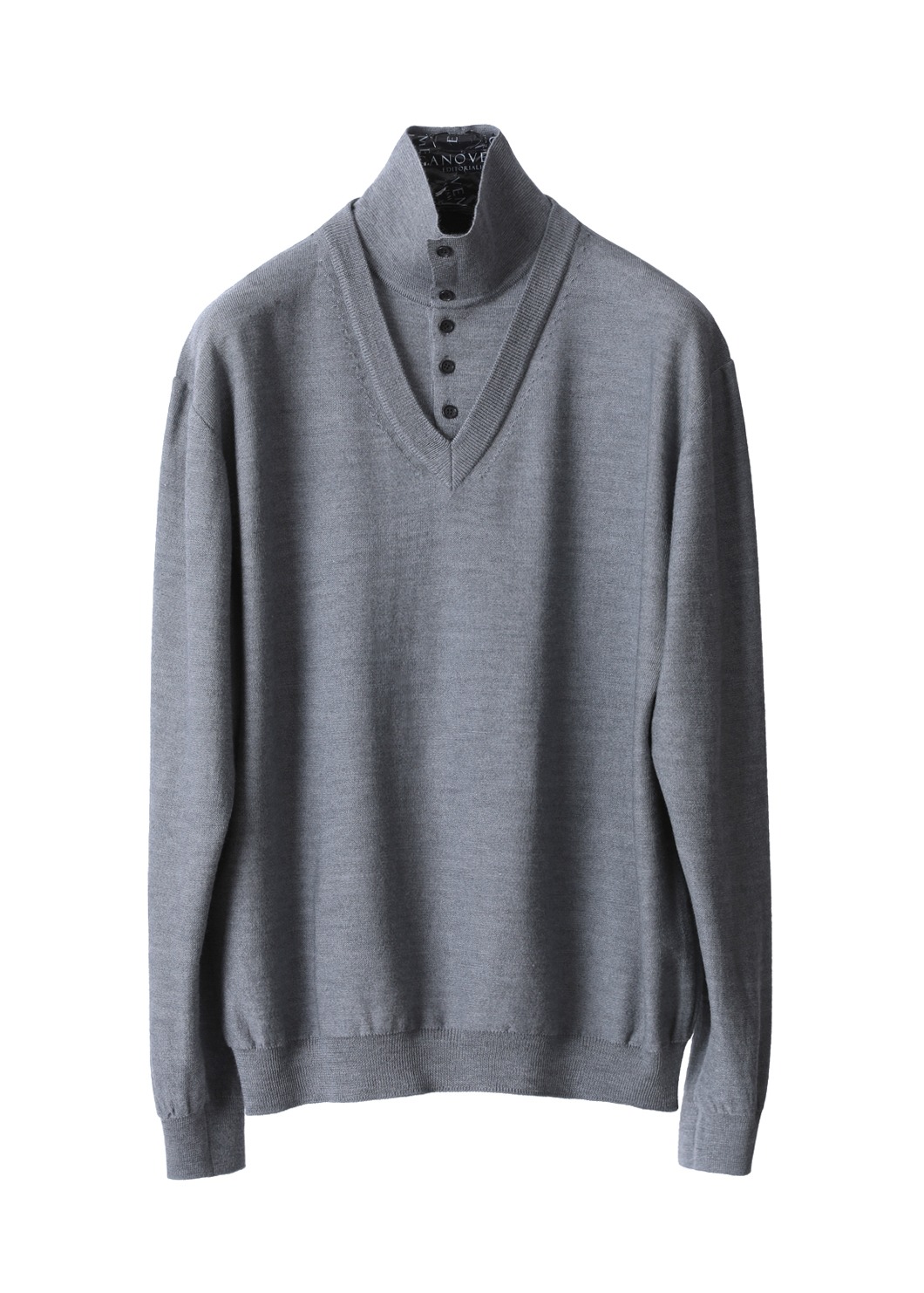 Wool &amp; Silk Layered Button Poloneck Knit-Gray